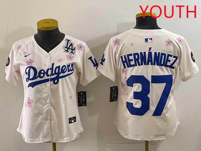 Youth Los Angeles Dodgers #37 Hernandez Cream Sakura Edition 2025 Nike MLB Jersey style 40->youth mlb jersey->Youth Jersey